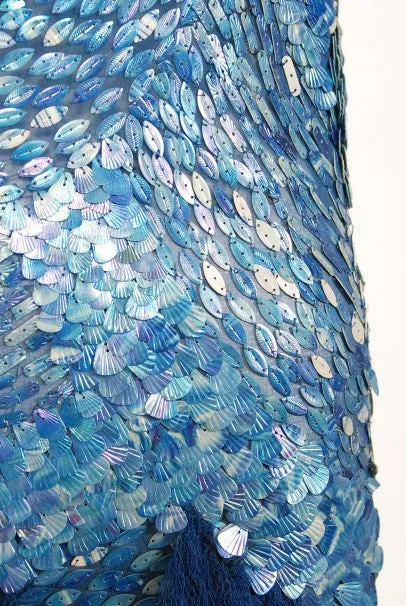 1920's Ocean Blue Sequin Beaded Sheer Net-Tulle Mermaid Flapper Gown