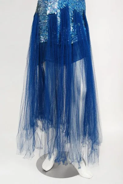 1920's Ocean Blue Sequin Beaded Sheer Net-Tulle Mermaid Flapper Gown