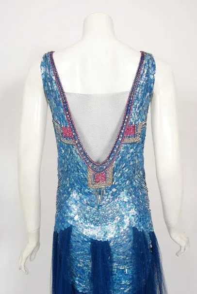 1920's Ocean Blue Sequin Beaded Sheer Net-Tulle Mermaid Flapper Gown