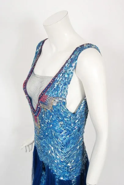 1920's Ocean Blue Sequin Beaded Sheer Net-Tulle Mermaid Flapper Gown