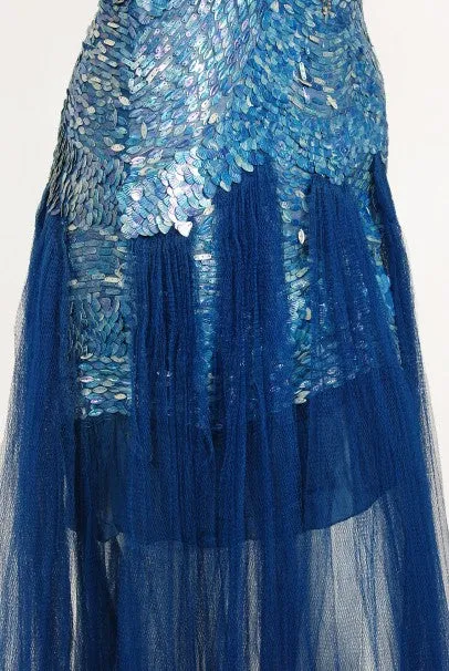 1920's Ocean Blue Sequin Beaded Sheer Net-Tulle Mermaid Flapper Gown