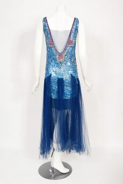 1920's Ocean Blue Sequin Beaded Sheer Net-Tulle Mermaid Flapper Gown