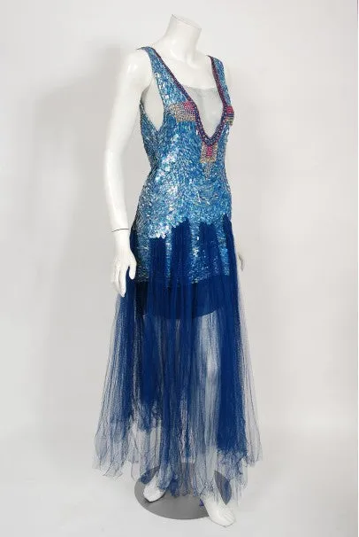 1920's Ocean Blue Sequin Beaded Sheer Net-Tulle Mermaid Flapper Gown