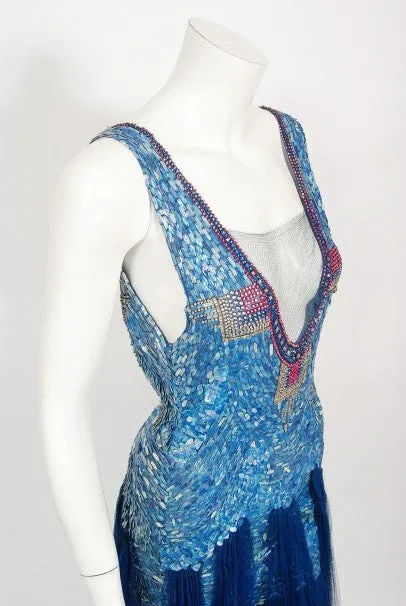 1920's Ocean Blue Sequin Beaded Sheer Net-Tulle Mermaid Flapper Gown