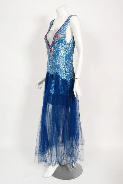 1920's Ocean Blue Sequin Beaded Sheer Net-Tulle Mermaid Flapper Gown