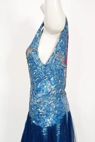 1920's Ocean Blue Sequin Beaded Sheer Net-Tulle Mermaid Flapper Gown