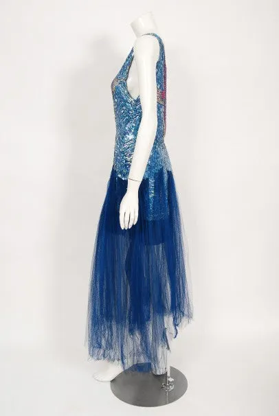 1920's Ocean Blue Sequin Beaded Sheer Net-Tulle Mermaid Flapper Gown