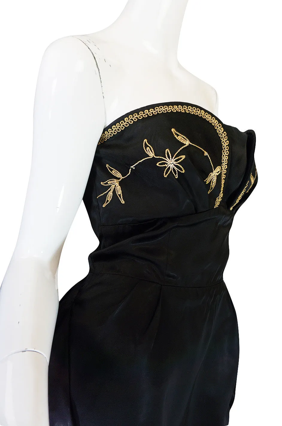 1950s Embroidered Strapless Slipper Satin Dress