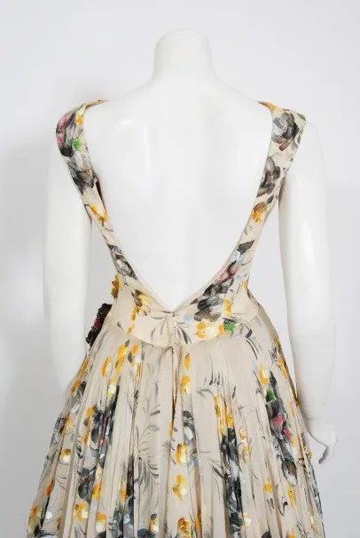 1950's Hand-Painted Floral Ivory Silk Appliqué Skirted Hourglass Backless Gown