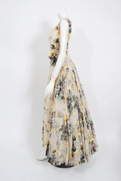 1950's Hand-Painted Floral Ivory Silk Appliqué Skirted Hourglass Backless Gown