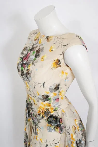 1950's Hand-Painted Floral Ivory Silk Appliqué Skirted Hourglass Backless Gown