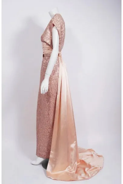 1952 Pierre Balmain Couture Pale-Pink Silk Lace Strapless Trained Gown Ensemble