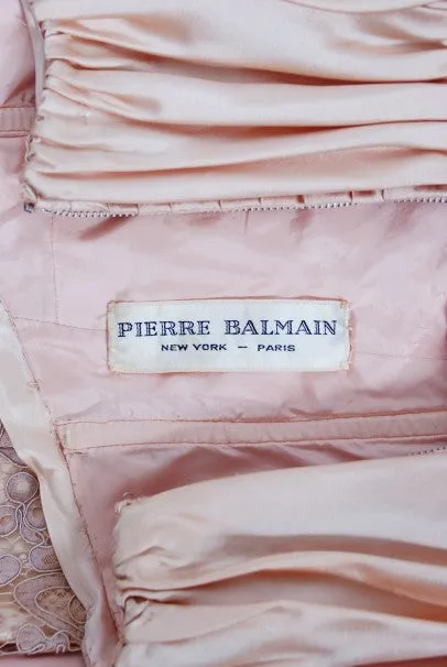 1952 Pierre Balmain Couture Pale-Pink Silk Lace Strapless Trained Gown Ensemble