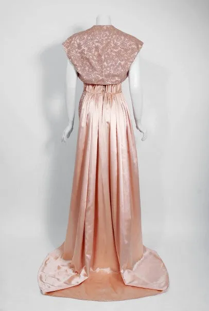 1952 Pierre Balmain Couture Pale-Pink Silk Lace Strapless Trained Gown Ensemble