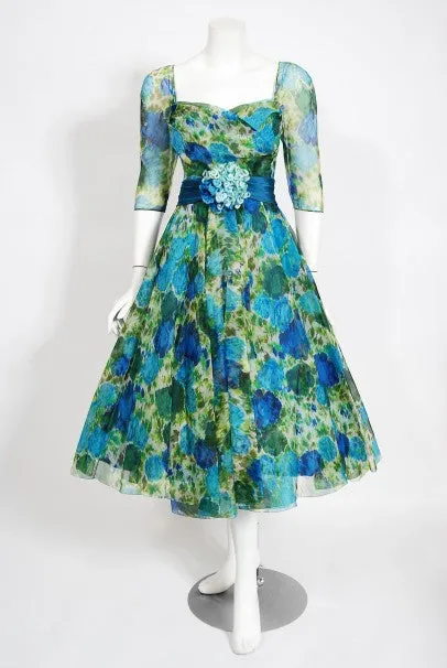 1959 Helga Couture Documented Watercolor Floral Silk Organza Dress