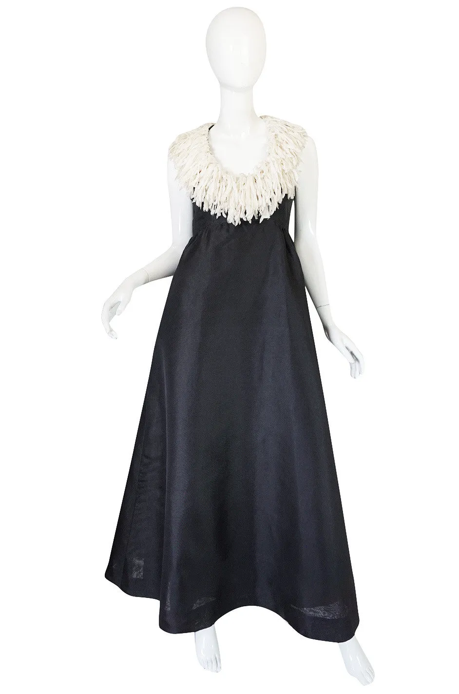 1960s Black Silk Organza "Feathered" Collar Sarmi Dress