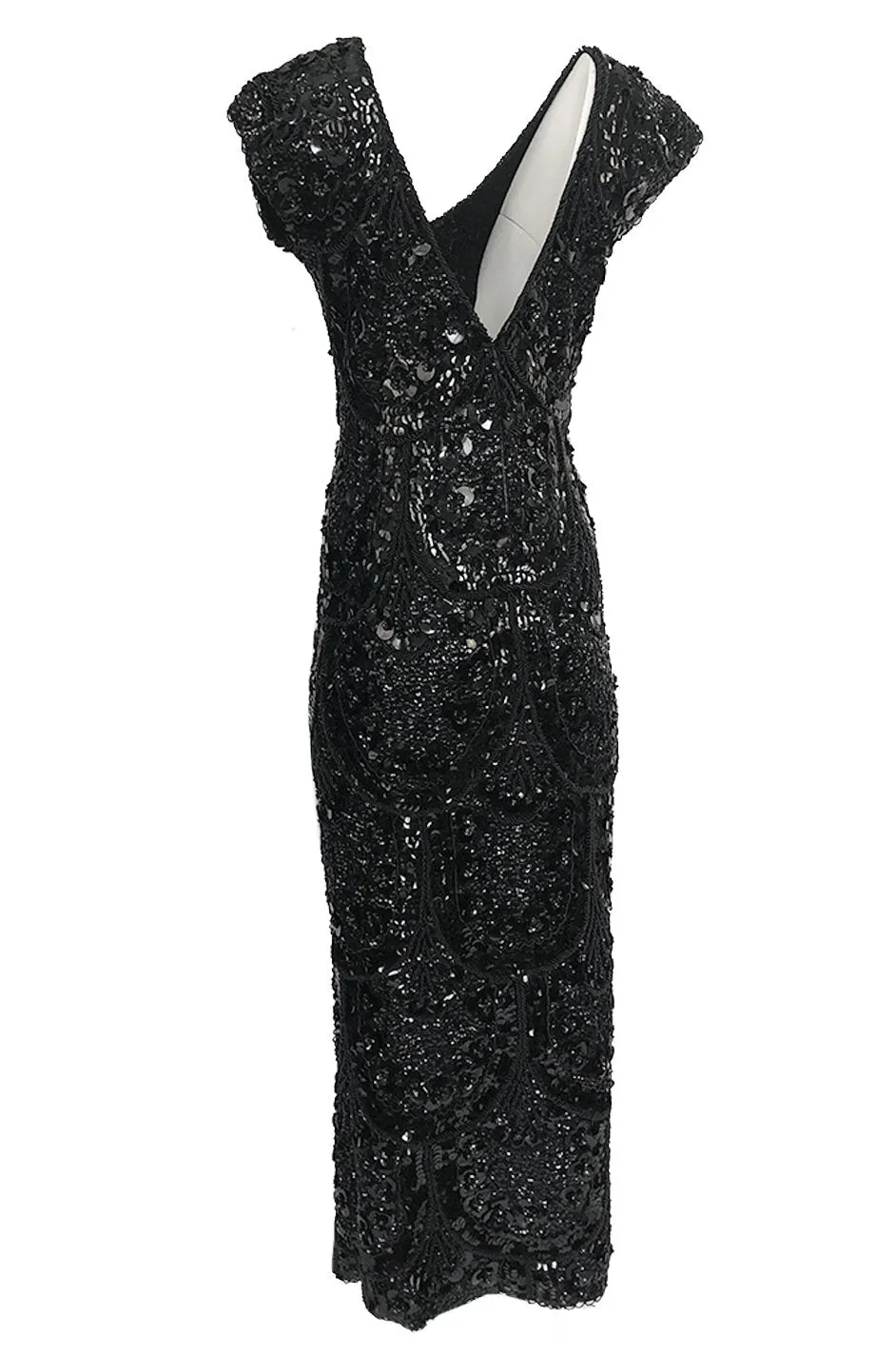 1960s Densely Hand Covered Glossy Black Bead & Sequin Dress Knit Base Dress