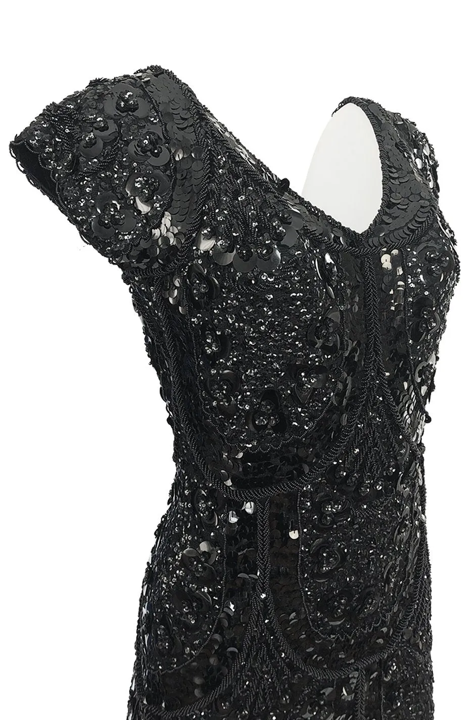 1960s Densely Hand Covered Glossy Black Bead & Sequin Dress Knit Base Dress