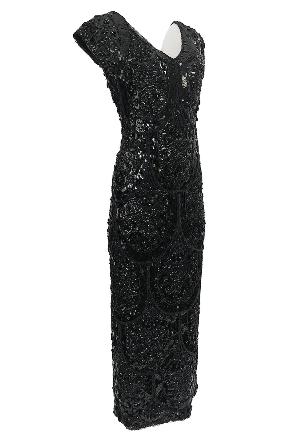 1960s Densely Hand Covered Glossy Black Bead & Sequin Dress Knit Base Dress