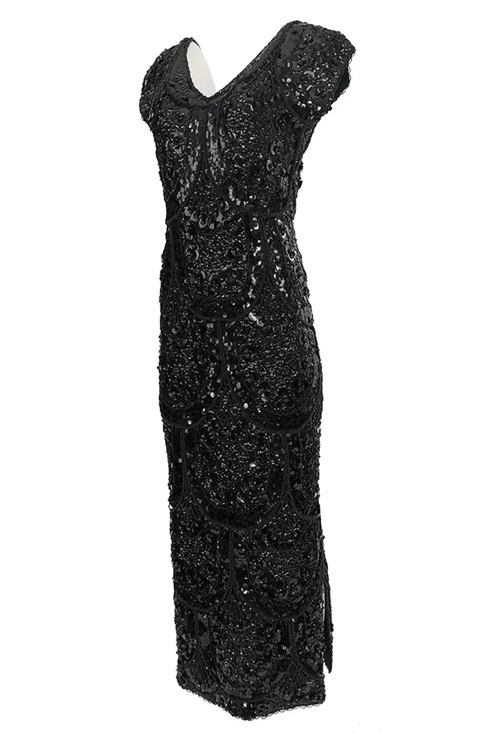 1960s Densely Hand Covered Glossy Black Bead & Sequin Dress Knit Base Dress