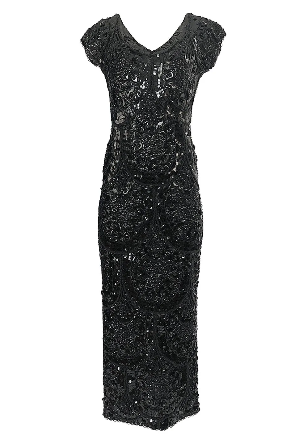 1960s Densely Hand Covered Glossy Black Bead & Sequin Dress Knit Base Dress