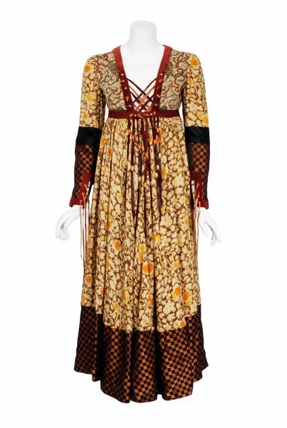 1970 Bill Gibb Iconic Bohemian Floral Silk and Suede Fringe Lace-Up Gypsy Dress