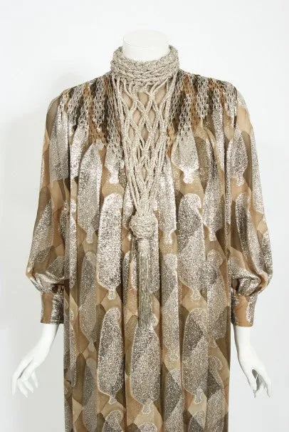 1970 Galanos Couture Documented Metallic Silk Pleated Gown w/ Necklace