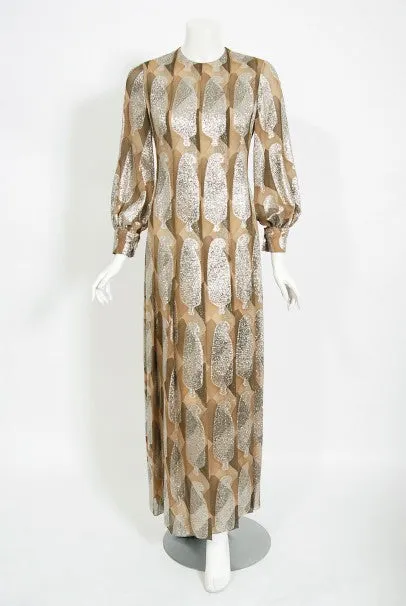 1970 Galanos Couture Documented Metallic Silk Pleated Gown w/ Necklace