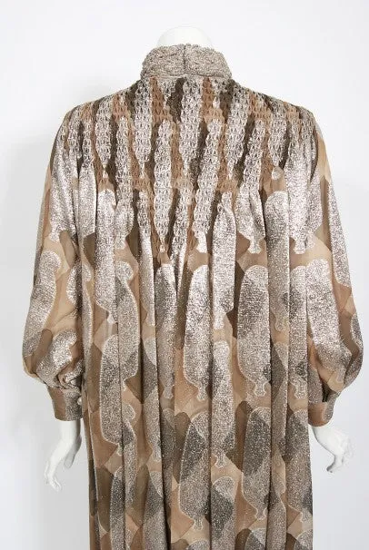 1970 Galanos Couture Documented Metallic Silk Pleated Gown w/ Necklace