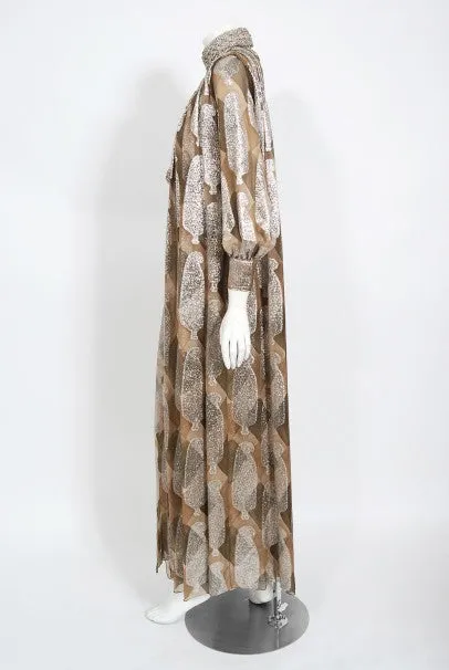 1970 Galanos Couture Documented Metallic Silk Pleated Gown w/ Necklace