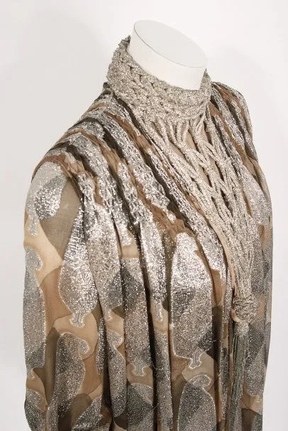 1970 Galanos Couture Documented Metallic Silk Pleated Gown w/ Necklace