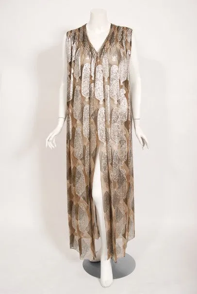 1970 Galanos Couture Documented Metallic Silk Pleated Gown w/ Necklace