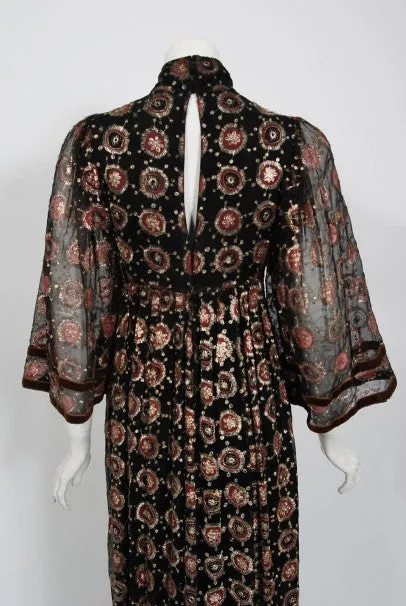 1970 Thea Porter Couture Metallic Embroidered Silk Chiffon Flutter-Sleeve Dress