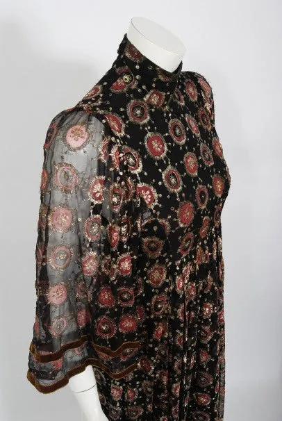 1970 Thea Porter Couture Metallic Embroidered Silk Chiffon Flutter-Sleeve Dress