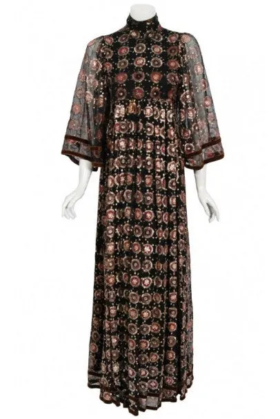 1970 Thea Porter Couture Metallic Embroidered Silk Chiffon Flutter-Sleeve Dress