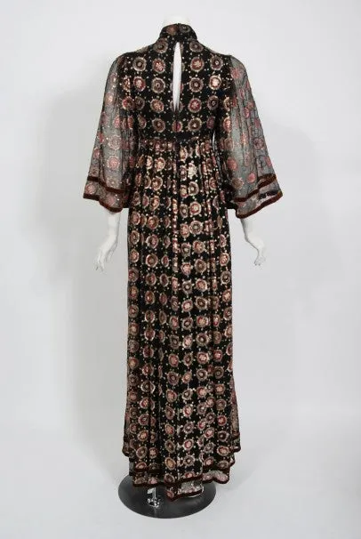 1970 Thea Porter Couture Metallic Embroidered Silk Chiffon Flutter-Sleeve Dress