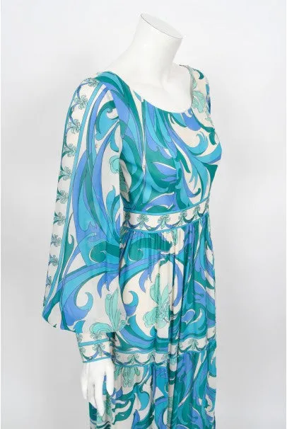 1970's Emilio Pucci Blue Psychedelic Print Silk Billow-Sleeve Maxi Dress