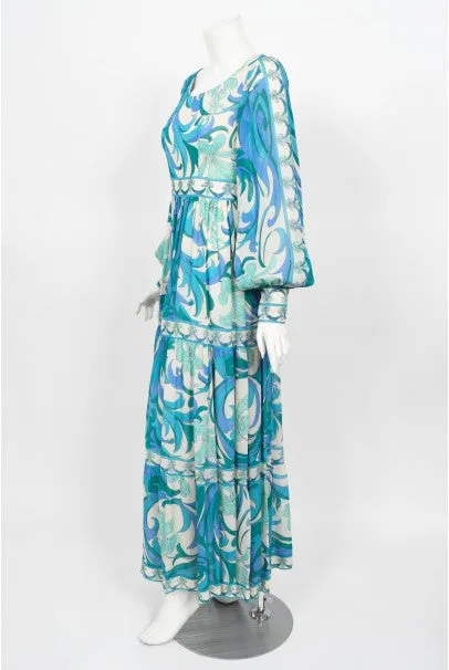 1970's Emilio Pucci Blue Psychedelic Print Silk Billow-Sleeve Maxi Dress