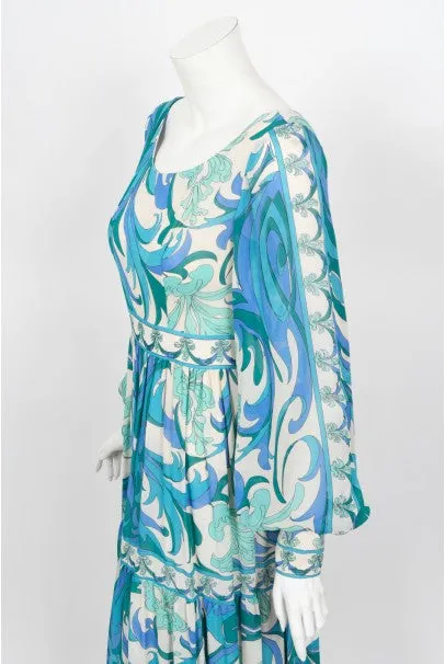 1970's Emilio Pucci Blue Psychedelic Print Silk Billow-Sleeve Maxi Dress