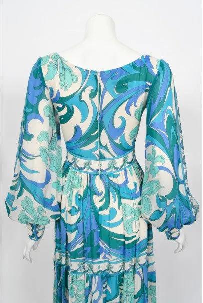 1970's Emilio Pucci Blue Psychedelic Print Silk Billow-Sleeve Maxi Dress