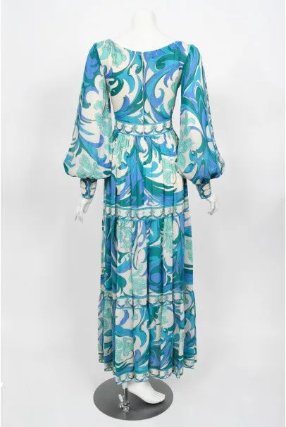 1970's Emilio Pucci Blue Psychedelic Print Silk Billow-Sleeve Maxi Dress