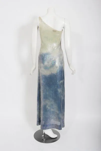 1970's Halston Couture Sequin Silk Blue Clouds Tie-Dye One Shoulder Gown