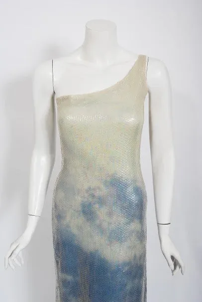 1970's Halston Couture Sequin Silk Blue Clouds Tie-Dye One Shoulder Gown