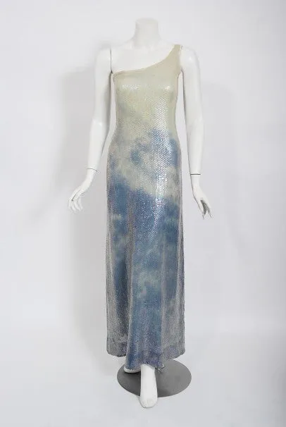 1970's Halston Couture Sequin Silk Blue Clouds Tie-Dye One Shoulder Gown