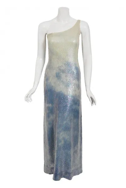 1970's Halston Couture Sequin Silk Blue Clouds Tie-Dye One Shoulder Gown