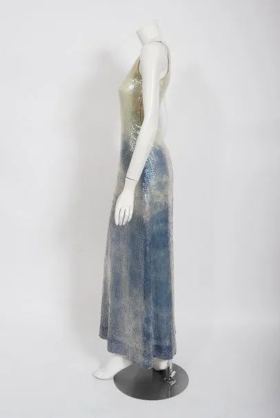 1970's Halston Couture Sequin Silk Blue Clouds Tie-Dye One Shoulder Gown