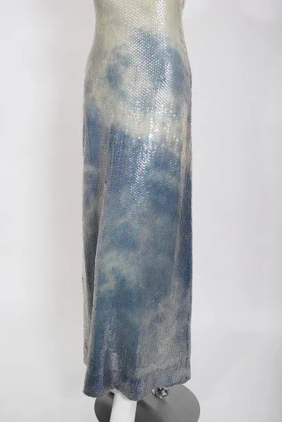 1970's Halston Couture Sequin Silk Blue Clouds Tie-Dye One Shoulder Gown