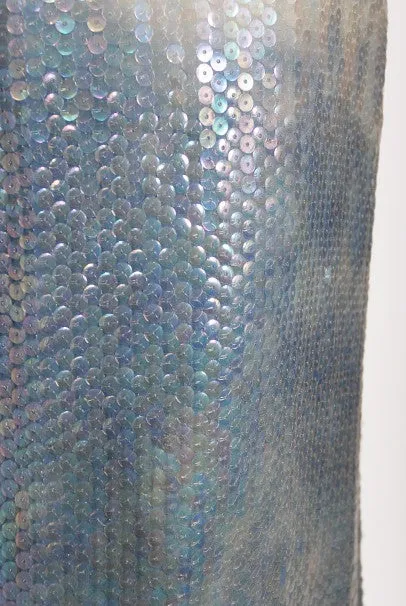 1970's Halston Couture Sequin Silk Blue Clouds Tie-Dye One Shoulder Gown