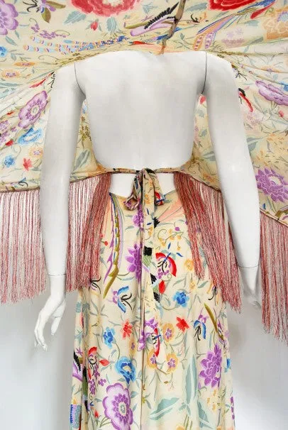 1971 Missoni Couture Floral Bird Print Silk-Jersey Fringe Caftan Gown