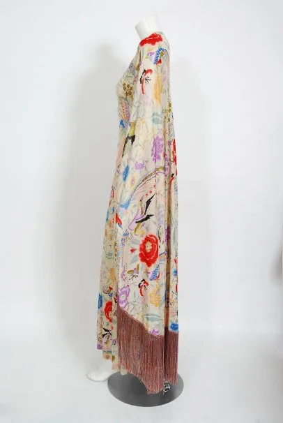 1971 Missoni Couture Floral Bird Print Silk-Jersey Fringe Caftan Gown